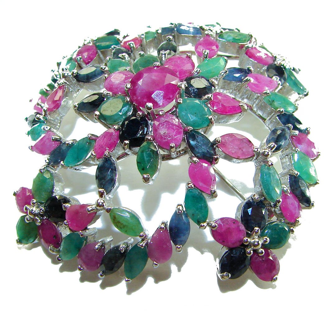 Ruby Stone Brooch Heirloom Genuine Ruby Pendant Brooch 65.5ct Sterling Silver Handcrafted ...