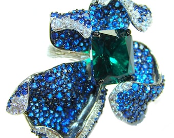 Wild Flower Emerald Ring Size 6.25 Sterling Silver Colombian Gemstone Statement Green Jewelry Gift