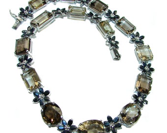 Outstanding  Smoky Topaz Sapphire .925 Sterling Silver handcrafted Statement necklace