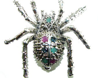 Large Black Widow Spider Pendant with Genuine Ruby in 925 Sterling Silver Handmade Brooch Red Jewelry Gift