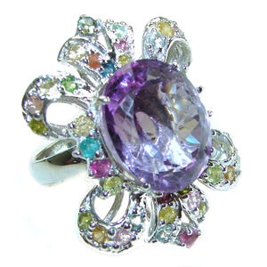 28,8 kt amethist en veelkleurige saffier Ringmaat: 8 | Vintage statementcadeau van 925 sterlingzilver voor vrouwen