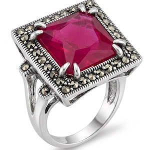 Carmen Asscher Cut Kashmir Ruby Statement Ring 14.7ct 925 Sterling Silver Handmade size 8