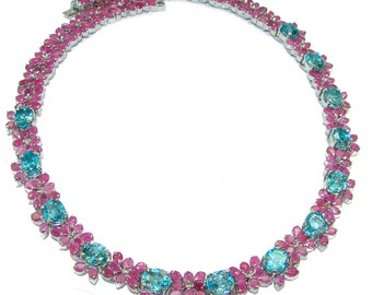 True Passion  authentic  Ruby Swiss Blue Topaz  .925  Sterling Silver handcrafted  necklace