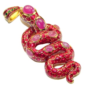 Natural Ruby Enamel Snake Pendant 18K Gold Over Sterling Silver, Unique Red Gemstone Jewelry Gift for Her