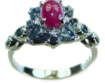 Anillo de rubí de plata de ley, talla 8, ovalado, con gema roja, plata 925. Diseño exclusivo, hecho a mano, regalo de lujo para mujer.