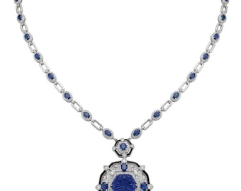 Art Deco Sapphire Necklace 925 Sterling Silver Hexagon Gemstone Statement Jewelry 24 Inch Blue Handmade Gift