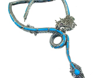 Sterling Silver Turquoise Dragon Necklace Genuine Gemstone Unique Handmade Jewelry Blue Statement Gift