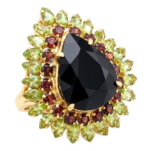 Large Black Onyx Ring Size 7 Statement 925 Sterling Silver 18K Gold Bold Gemstone Jewelry Gift