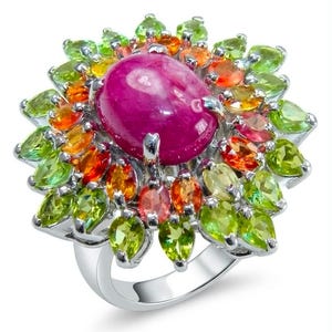 Large Natural Ruby Statement Ring Sterling Silver Rhodium Handmade Oval Red Gemstone size 7