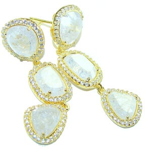 Fire Moonstone Earrings 12.2ct 14K Gold Over 925 Silver, Handcrafted White Gemstone Drop Jewelry Gift