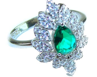 Emerald Sterling Silver Statement Ring Size 6 3/4 Handmade Vintage Inspired 925 Green Gemstone Jewelry
