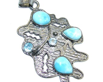 Larimar, Swiss Blue Topaz Sterling Silver Pendant - weight 13.20g - dim L -2 1 2, W - 1 1 2, T - 3 16 inch - code 12-sie-16-49