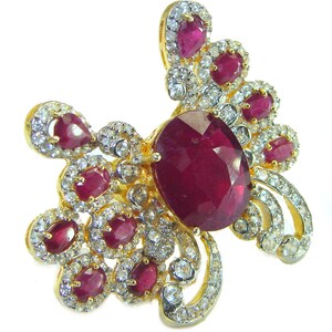 Vintage Ruby & Lab Diamond Statement Ring 18K Gold over Sterling Silver, size: 7.75, Handmade Red Gem Gift for Her