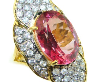 Real  Diva 14.5 carat  oval cut Pink Tourmaline   14K Gold over .925 Silver handcrafted  Cocktail Ring size: 8