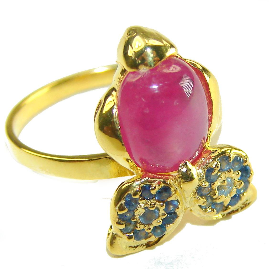 Star Ruby Owl Statement Ring in 925 Sterling Silver Red Gemstone Unique Jewelry size 8 Gift for Her