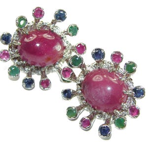 Ruby, Emerald & Sapphire Earrings, Sterling Silver, Handmade Oval Red Gemstone, Unique Artisan Jewelry Gift