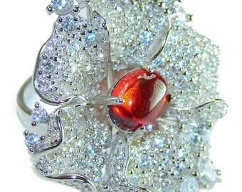 Spettacolare anello cocktail a forma di fiore con rubino, 6,3 ct, in argento sterling 925, realizzato a mano, gioiello unico, taglia: 8