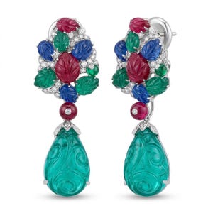RARE Carved Ruby Earrings Pear Shape 925 Silver Rhodium Dipped Statement Handmade Gemstone Jewelry