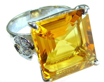 Oversized Golden Topaz Sterling Silver Ring Cushion Cut Unique Gemstone Ring size 8.5 Statement Jewelry Gift