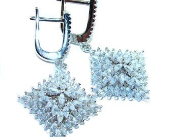 Allure White Topaz Earrings 16.2ct Rectangle 925 Sterling Silver Handcrafted Sparkling Gemstone Jewelry