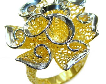 Bague en argent sterling trempée dans de l'or 22 carats de style Dubaï, bijoux uniques faits main ovales taille 6