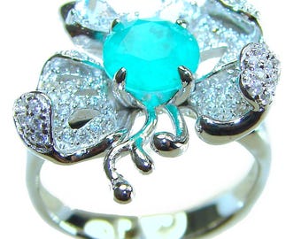 Colombian Emerald Statement Ring in Sterling Silver Exotic Flower Design size 7.5 Unique Handmade Gift