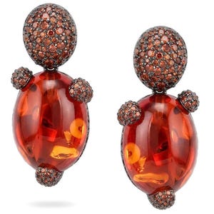 Blue Topaz and Ruby Sterling Silver Statement Earrings Oval Black Rhodium Handcrafted Elegance