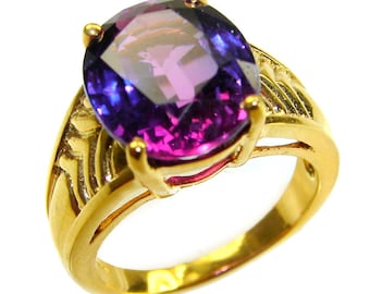 Anillo de alejandrita en plata de ley 925 con acabado bañado en oro de 18 quilates, talla 7, gema ovalada de color púrpura, regalo único.