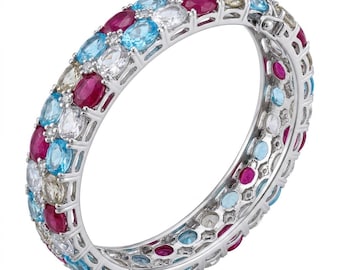 Fiesta Morganite Ruby Swiss Blue Topaz Sterling Silver Multicolor Handmade Bangle Bracelet