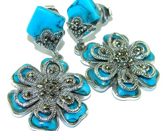One of a kind Precious natural Turquoise  .925 Sterling Silver handcrafted Earrings