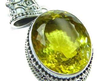 Grand pendentif ovale en quartz citron en argent sterling, gros bijoux artisanaux en pierres précieuses, cadeau pour elle