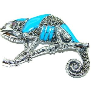 Chameleon Lizard Brooch in .925 Sterling Silver & Turquoise | Handmade Vintage Animal Pin Gift