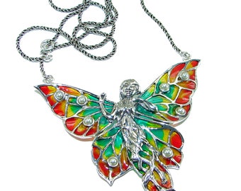 Awesome Flying Fairy  Natural Enamel  .925 Silver  handcrafted Necklace