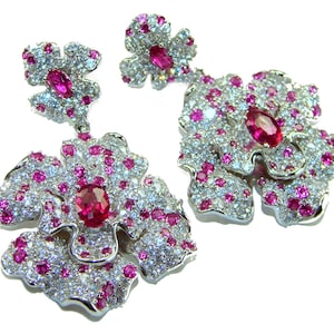 Orecchini pendenti con rubino in argento sterling rodiato, design floreale, autentica pietra preziosa rossa da 14,5 carati, regalo per lei.