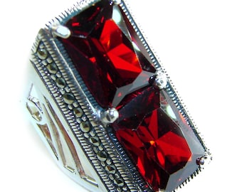 Bella Rosa Ruby Marcasite Statement Ring 925 Sterling Silver Handmade Red Rectangle size 8 Unique Bold Gift