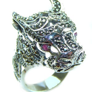 Marcasite Ruby Panther Head Sterling Silver Statement Ring size: 10 – Bold Handcrafted Unique Jewelry