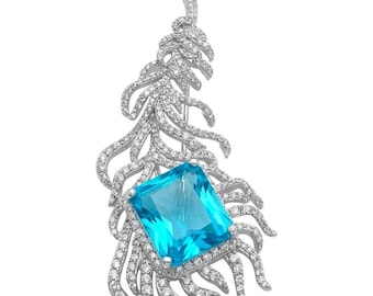 Magic Blue Feather Brooch Swiss Blue Topaz 925 Sterling Silver Handmade Rhodium Dipped Statement Jewelry