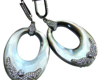 Boucles d'oreilles vintage en ormeau, bijoux artisanaux en argent sterling rhodié noir, pierres précieuses pendantes ovales