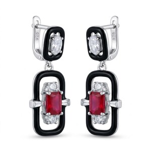 Art Deco Ruby Earrings Handcrafted Sterling Silver Enamel Rectangle Red Gemstone Unique Gift