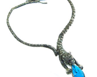 Turquoise Marcasite Necklace 925 Sterling Silver Handcrafted Blue Gemstone Unique Gift for Her Statement Jewelry