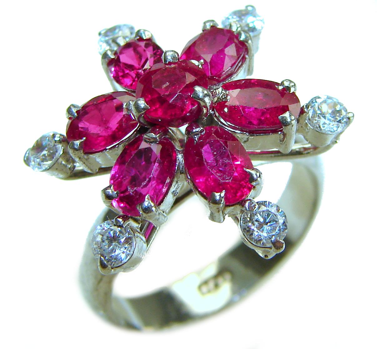 Genuine Ruby Flower Ring, 10.2ct, 925 Sterling Silver, Handcrafted