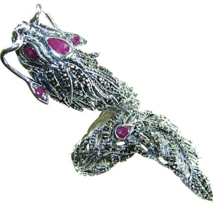 Anillo de plata esterlina con rubí dragón, talla 9, piedra preciosa roja de marcasita extragrande, joyería única y llamativa