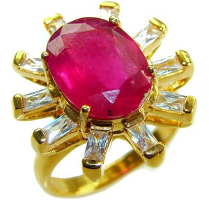 Natural Ruby Statement Ring Size 8 Sterling Silver 22K Gold Dipped Large Oval Handmade Gift