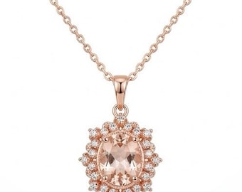 Morganite Necklace 4.8ct Oval Golden 22K Rose Gold Over Sterling Silver Handmade Gift For Her