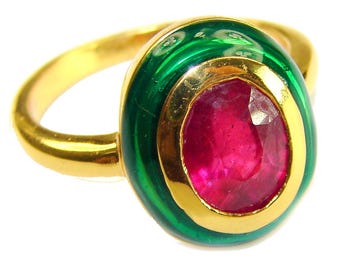 Ruby Cocktail Ring Size 8 22k Gold Over 925 Sterling Silver Handmade Oval Red Gemstone Statement Jewelry