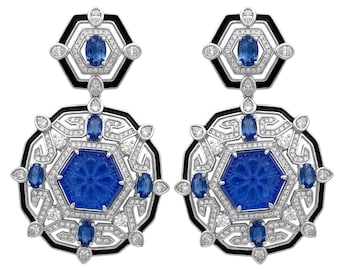 Art Deco Sapphire Statement Earrings Blue Enamel Handmade 925 Sterling Silver Unique Jewelry Gift