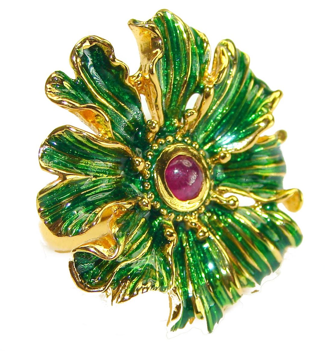 Green Ruby Enamel Ring 18K Gold Over Sterling Silver Size 7 Handcrafted ...