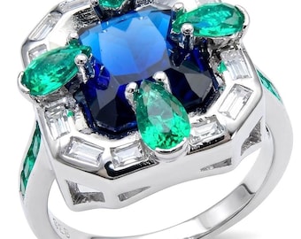 Art Deco Sapphire Statement Ring Sterling Silver Rectangle Blue Gift Size 8
