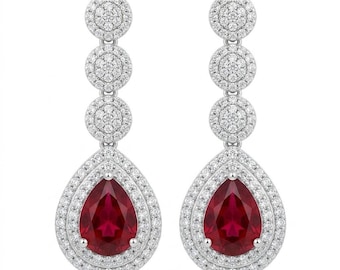Sterling Silver Ruby Earrings Pear Shape Statement Handmade Red Jewelry Gift for Her Elegant Unique