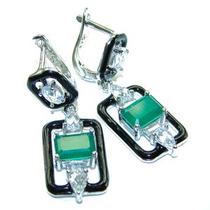 Art Deco Colombian Emerald Earrings Sterling Silver Rectangle Green Gemstone Unique Handmade Jewelry